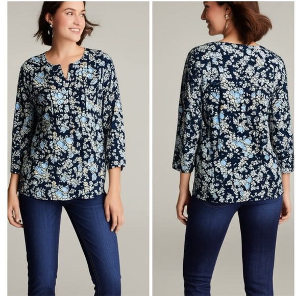 Napa Valley Women’s West Coast Blue Floral Blouse Button Front Pleated Top Sz M - Picture 2 of 12